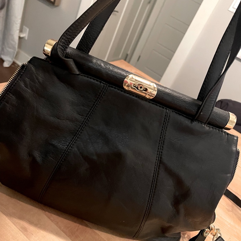 Emma Fox XL leather bag with zebra print inset zipper sides